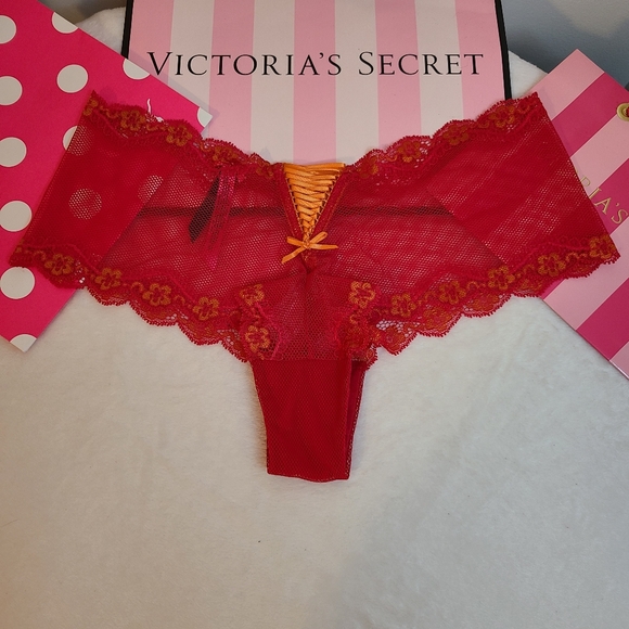 VTG VS Sexy Little Things Sheer Fishnet Lace-up Cheeky Panty Size M Red - Picture 1 of 6
